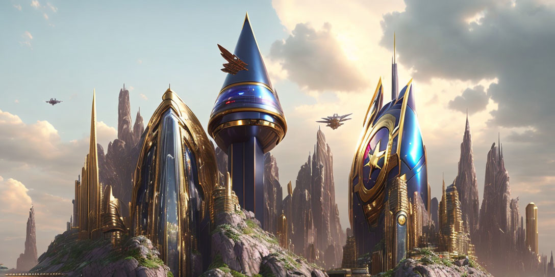 Futuristic cityscape with sleek spire-like buildings and flying vehicles against mountain backdrop.