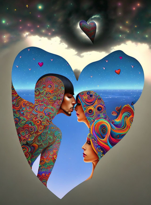 Surreal illustration: Two faces in profile about to kiss, framed by hearts, against starry