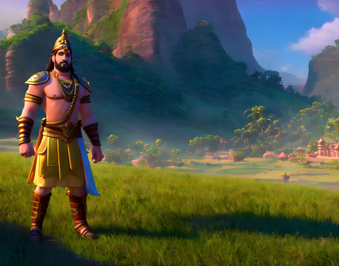 Stylized golden warrior with sword in green landscape