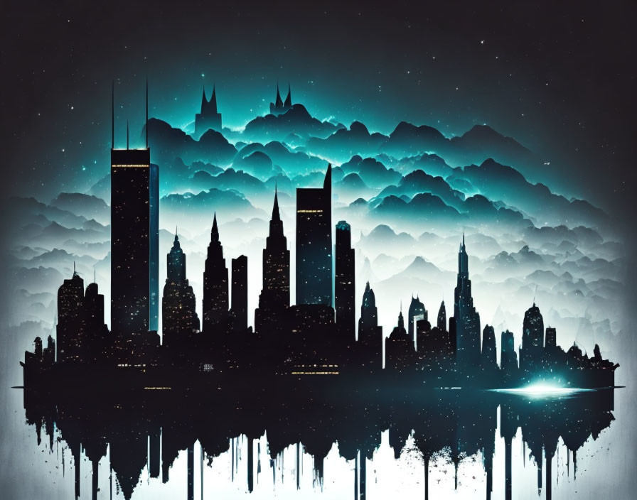 Futuristic city skyline against starry night sky with glowing horizon and water reflection