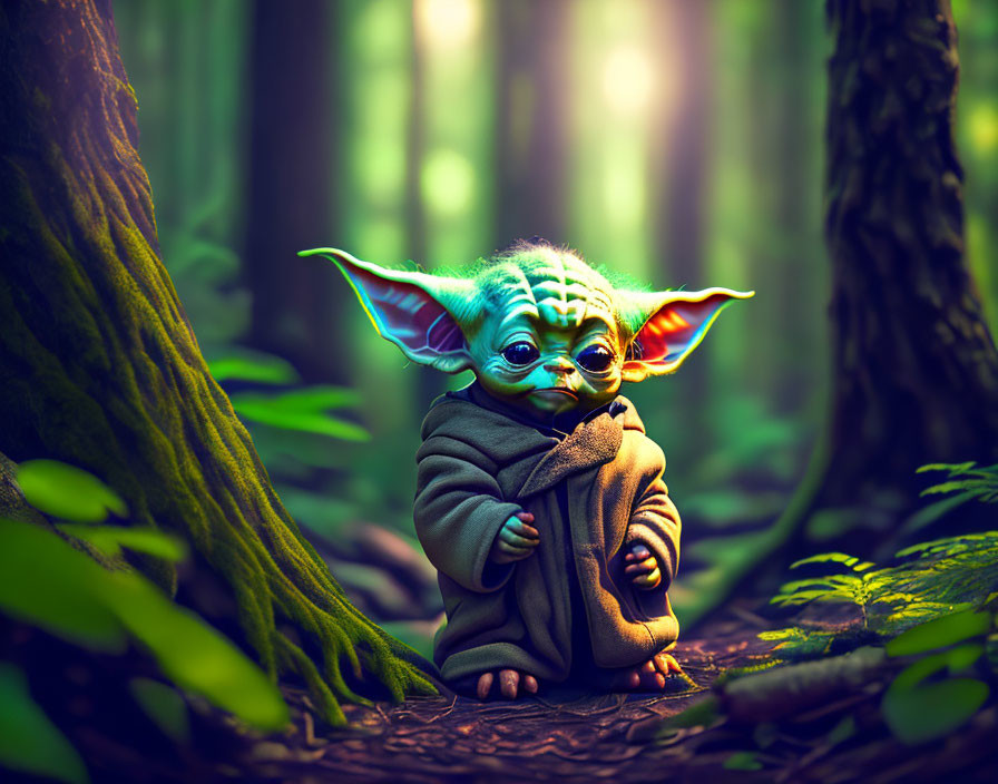 Green big-eared character in brown robe in mystical forest.