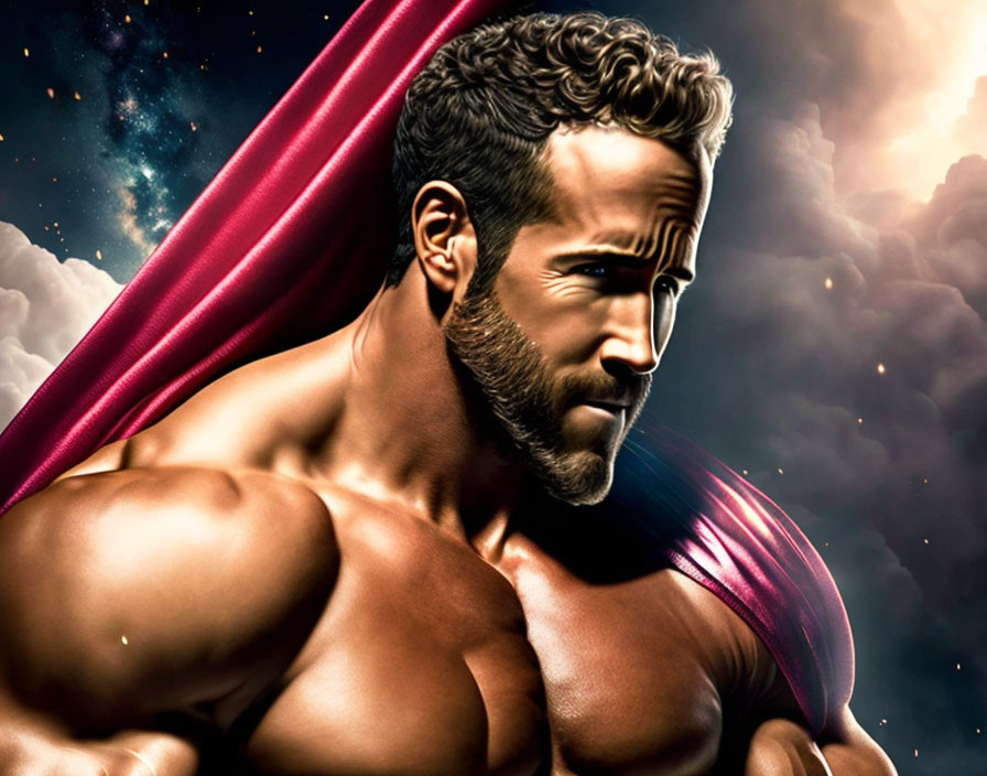 Muscular superhero with red cape in cosmic scene