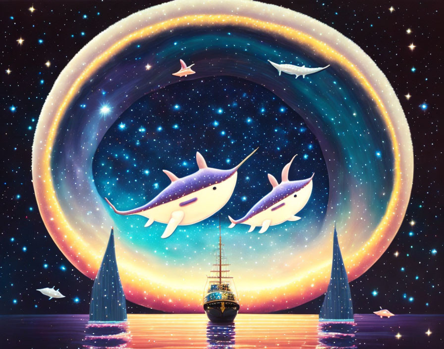 Whales in starry sky above sailboat on calm waters