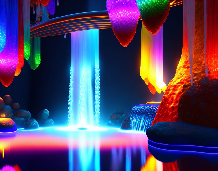 Fantasy Landscape with Glowing Waterfalls and Neon-Lit Flora