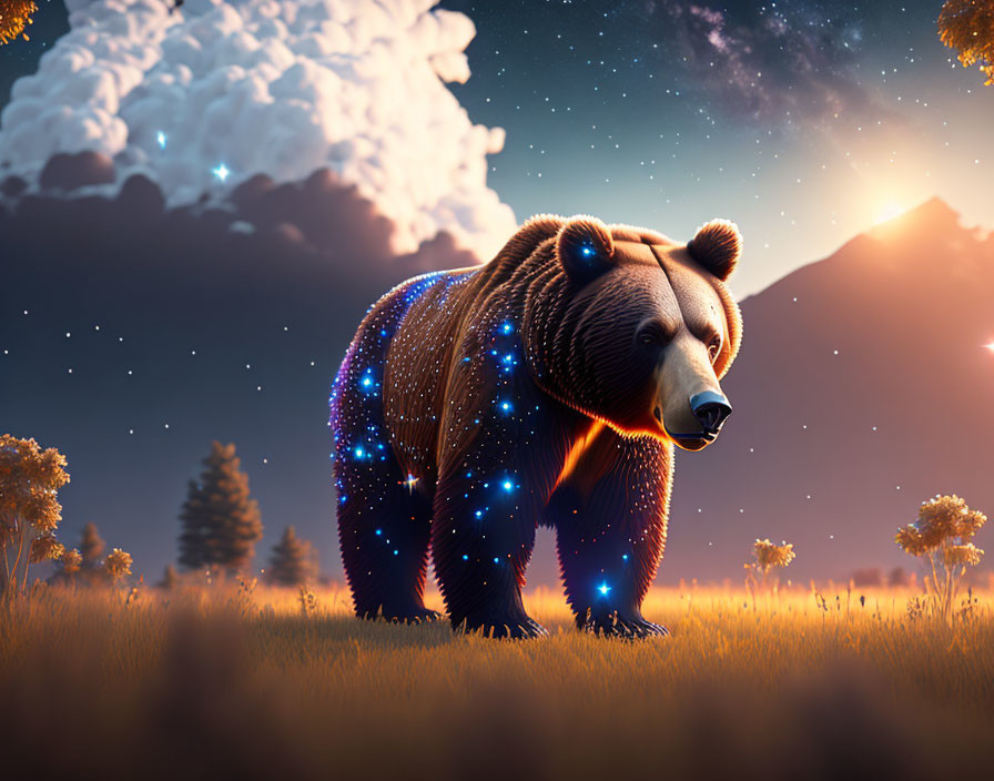 Starry Night Sky Pattern Bear in Twilight Meadow