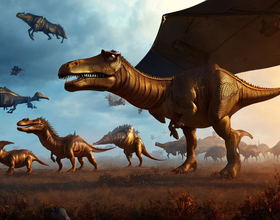 Realistic CGI dinosaurs in prehistoric landscape with dramatic sky