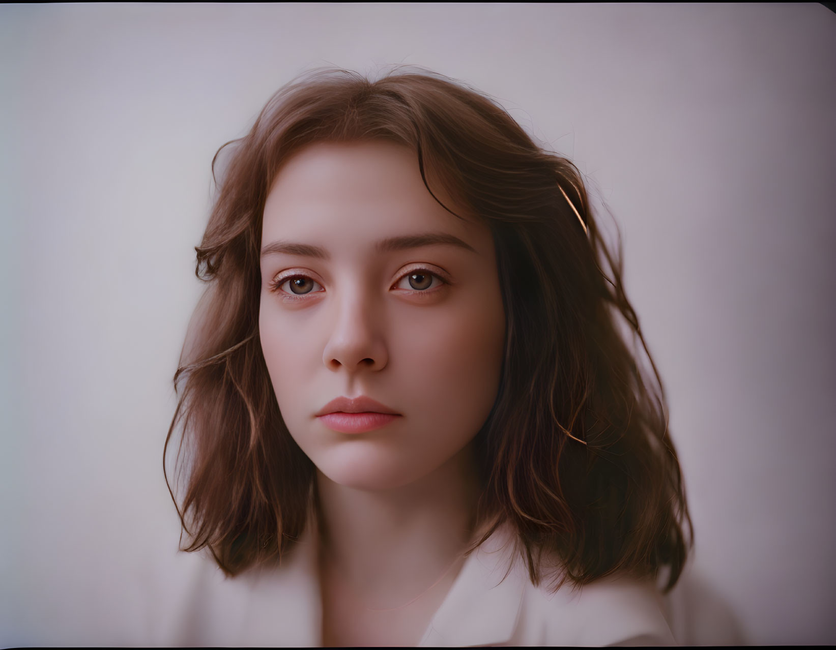 Serene young woman with wavy hair on neutral backdrop