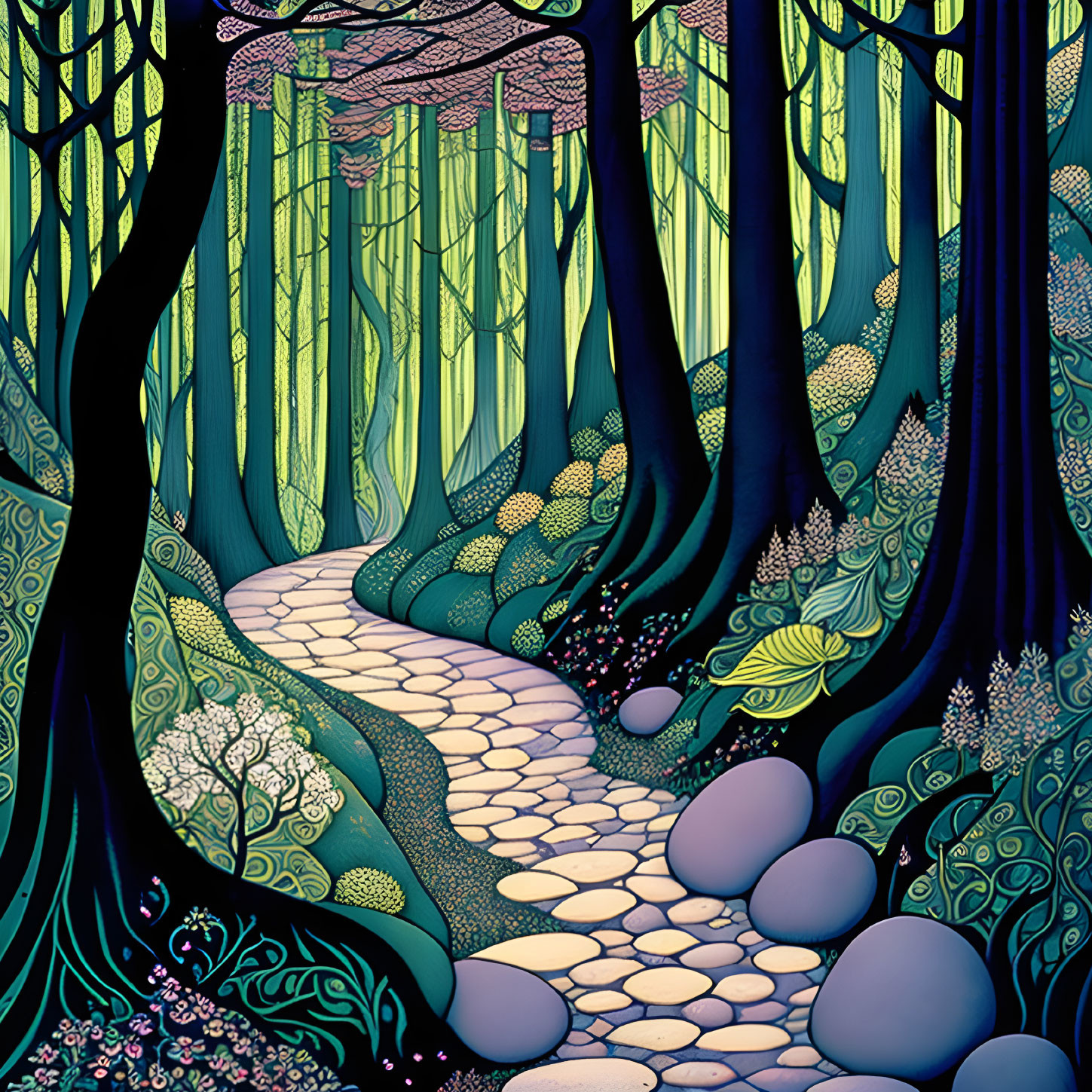 Vibrant fantasy forest illustration with winding path and stylized trees