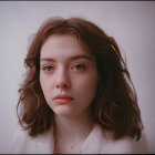 Serene young woman with wavy hair on neutral backdrop