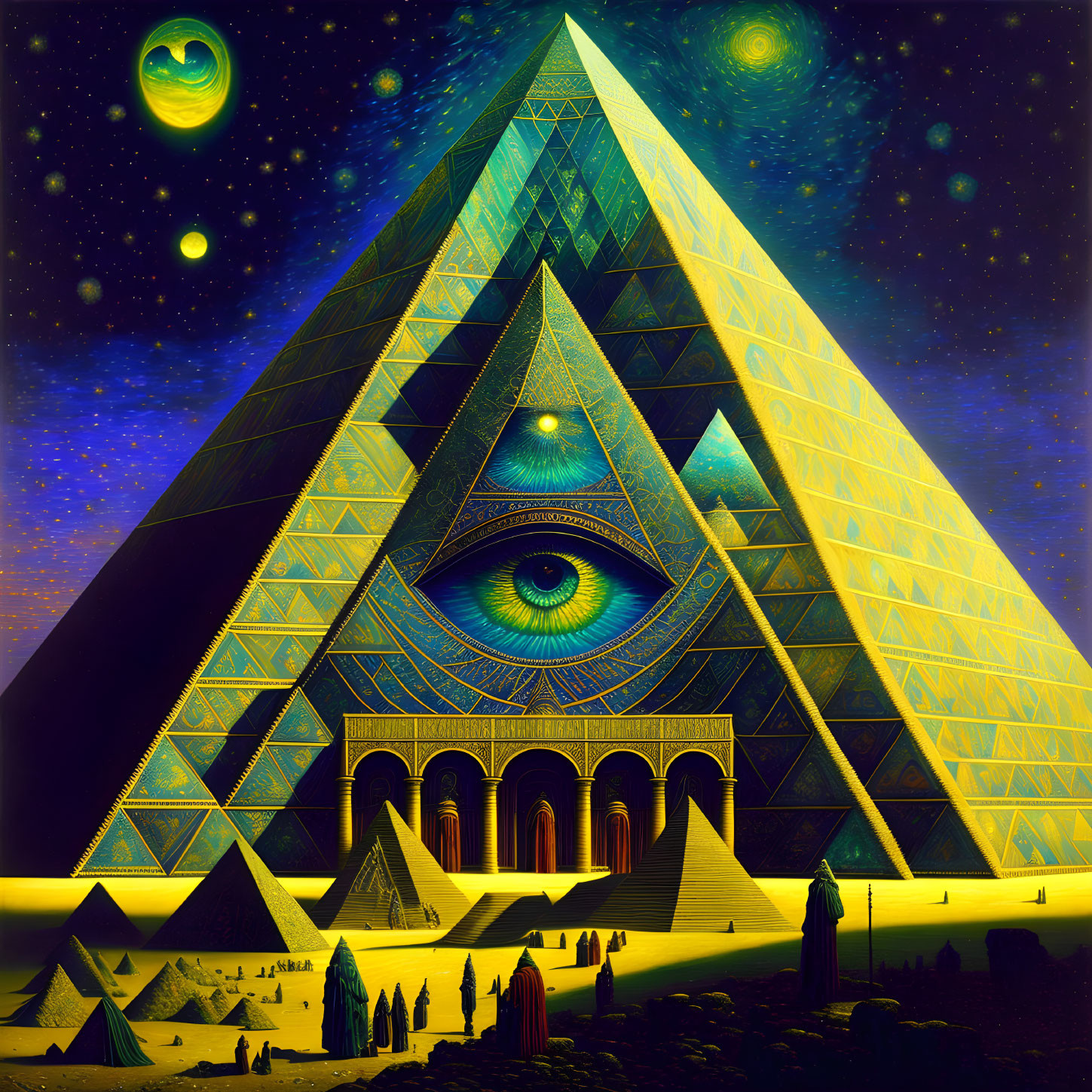 Detailed illustration of large pyramid, all-seeing eye, figures, tents, crescent moon, star