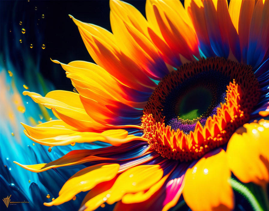 Close-up Sunflower with Water Droplets on Bright Petals