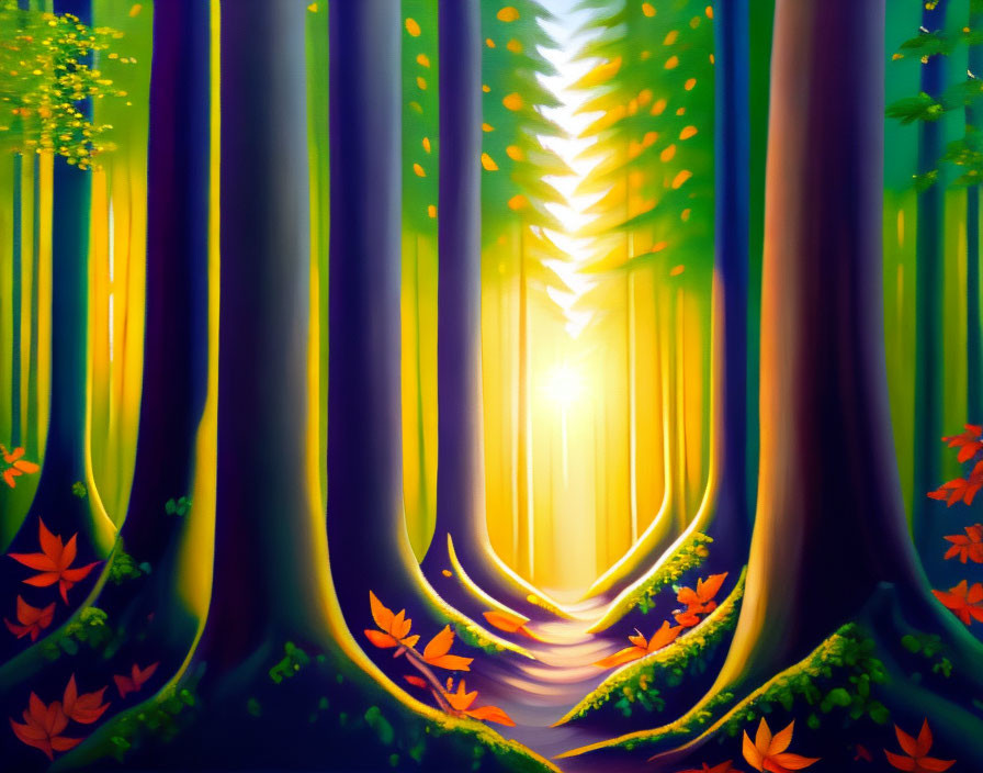 Lush forest landscape with tall trees and sunlit path