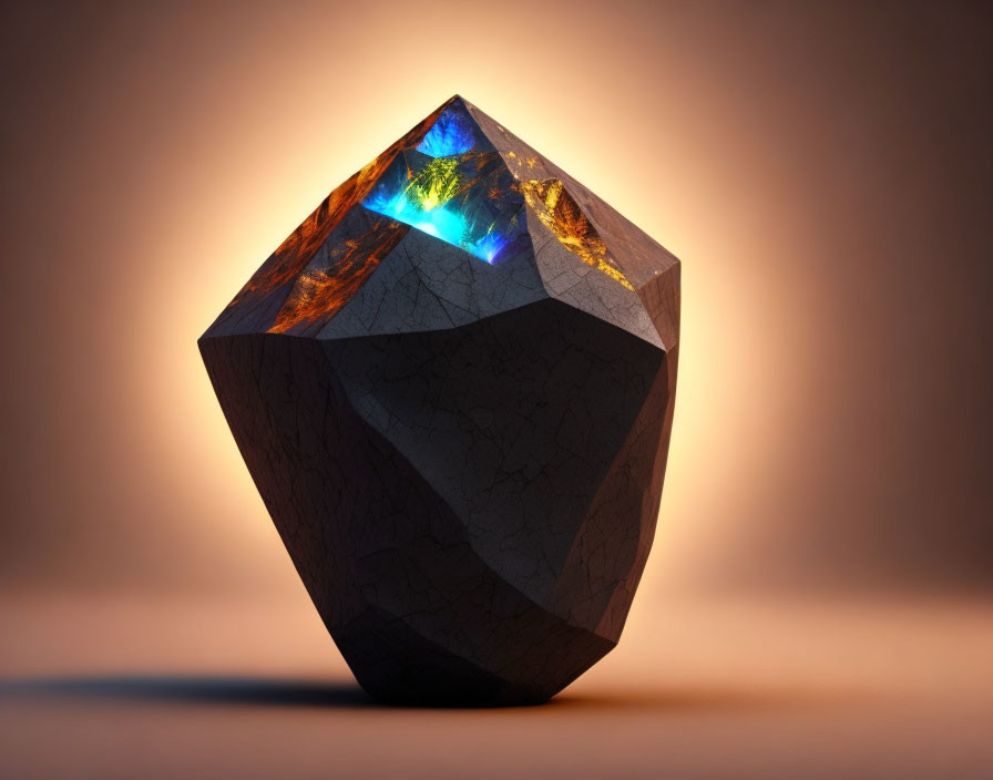 Polygonal Object with Textured Surface and Glowing Crystal on Gradient Background