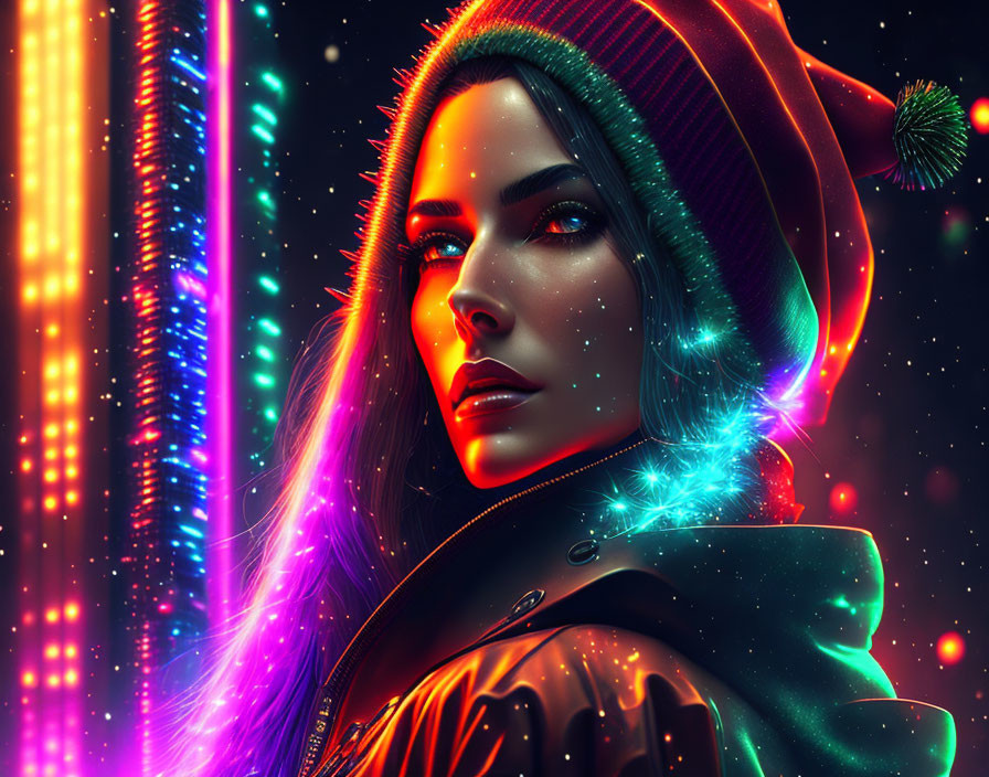 Vibrant digital artwork: luminous woman in neon-lit setting