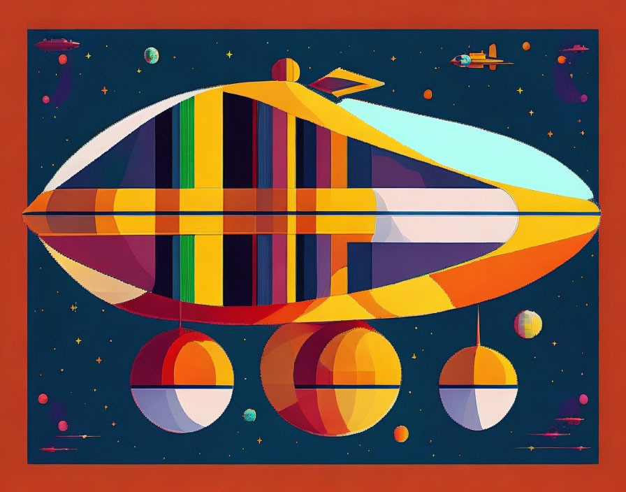 Colorful retro-style spaceship illustration with plaid patterns in space