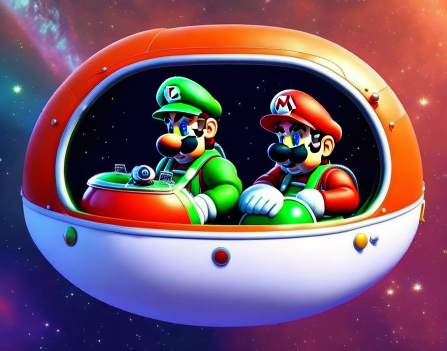 Animated Mario and Luigi in spaceship with colorful galactic backdrop.