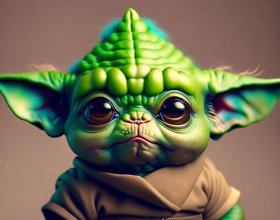 Digital artwork featuring baby Yoda-like character with exaggerated facial features