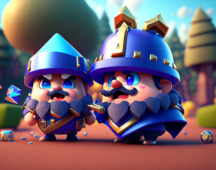 Stylized cartoonish knights with oversized helmets in colorful forest