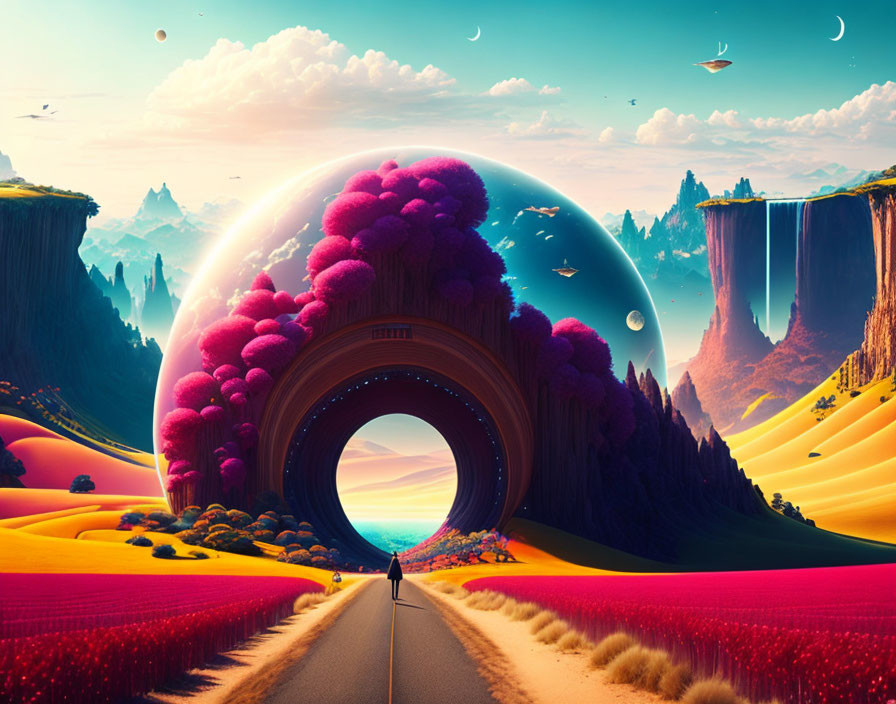 Vibrant surreal landscape with person, circular portal, cliffs, and starry sky