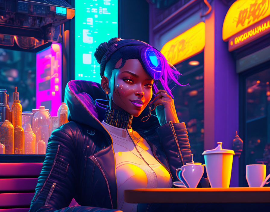 Futuristic woman with glowing tattoos and cybernetic enhancements in neon-lit cafe at night with