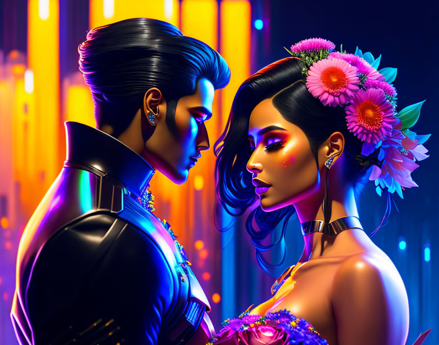 Digital art: Stylized characters embrace in neon-lit city scene