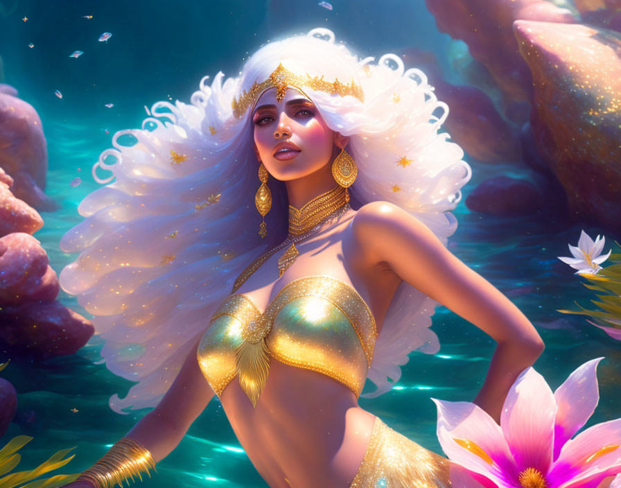 Ethereal woman with white hair and gold stars in aquatic setting