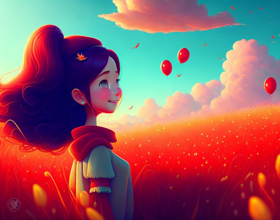 Cheerful girl in red field with flowing hair and red balloons