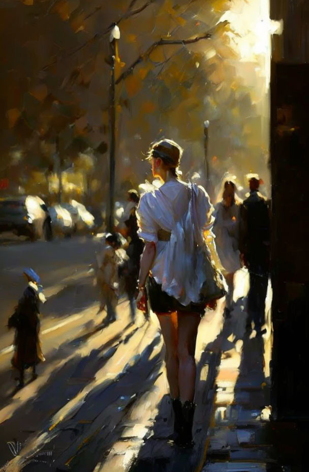 Person walking on sunlit city street with long shadows and blurred figures and cars, creating serene atmosphere.