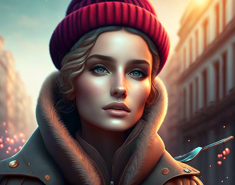 Portrait of woman with blue eyes in red beanie and coat, holding fork, against city backdrop