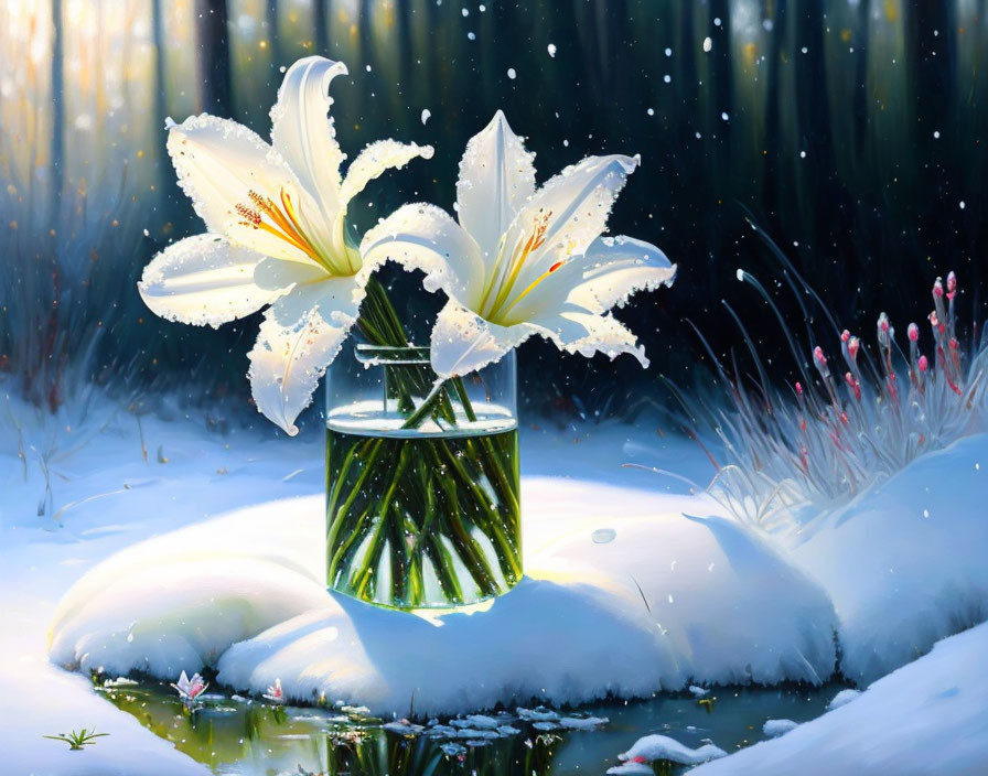 White lilies in glass vase with snowy landscape and sunlight filtering through forest.