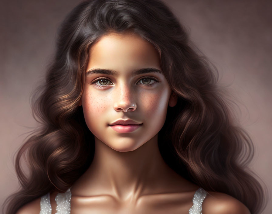 Young girl portrait: wavy hair, deep eyes, freckles, serene expression