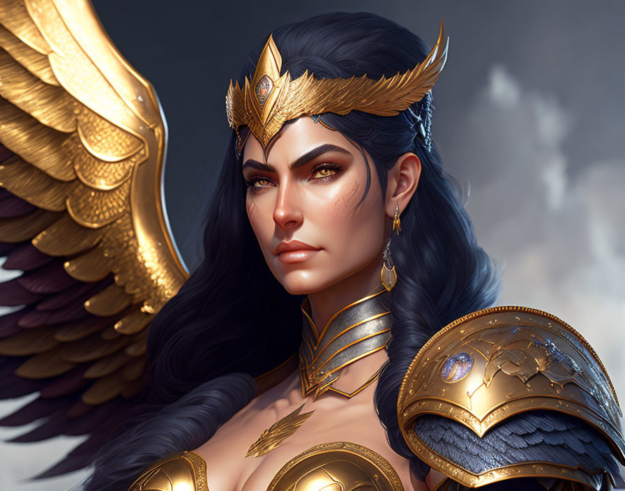 Female warrior digital art with golden crown, armor, wings, sharp facial features, dark hair.