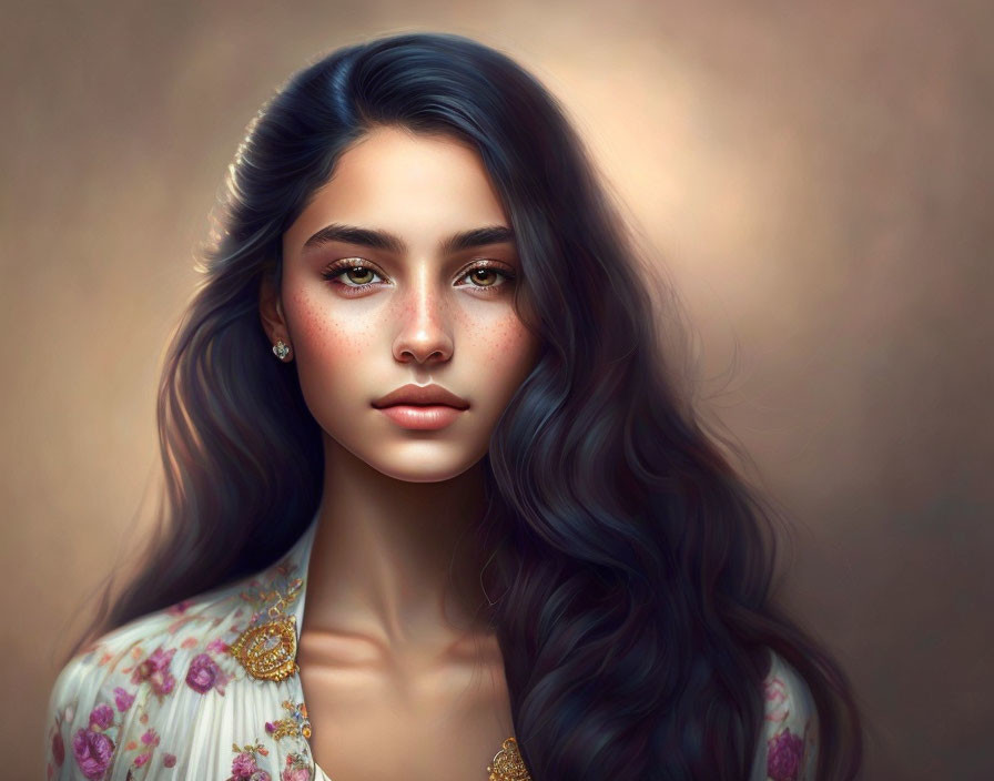 Young woman with wavy hair and floral top in digital portrait