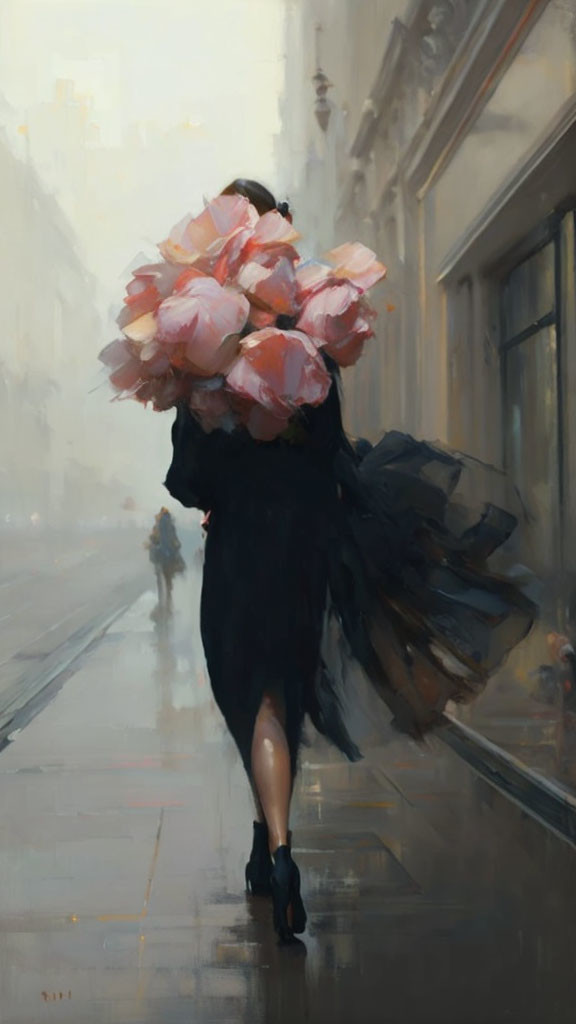 Woman in black dress with pink flowers walking on city street