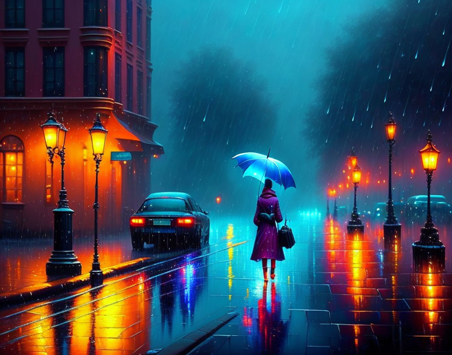 Person with blue umbrella walking on rainy city street at night