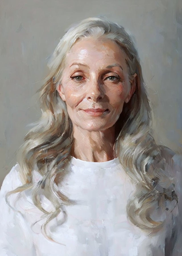 Elderly Woman Portrait with Long Gray Hair and White Top