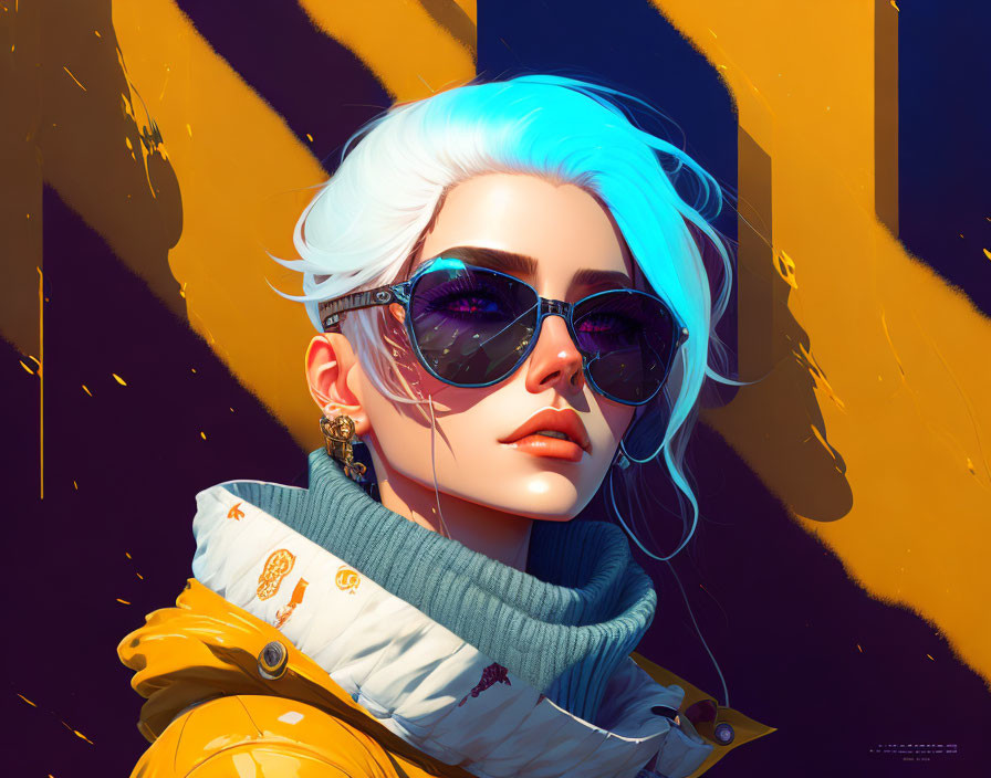 Colorful illustration of woman with blue hair in sunglasses & yellow jacket against purple & gold backdrop