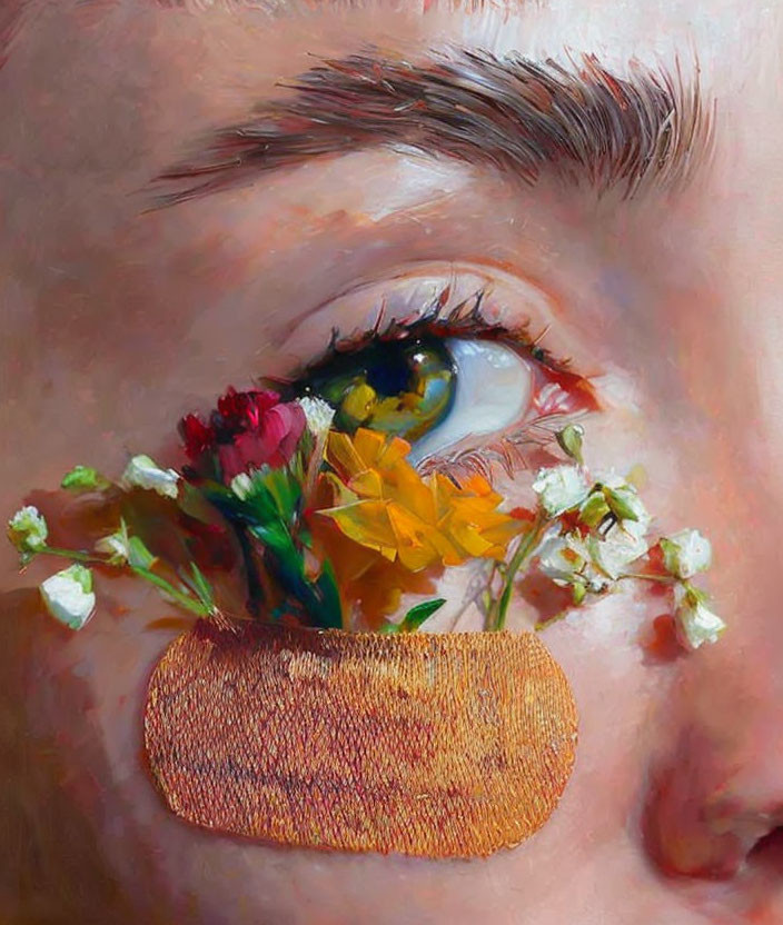 Detailed close-up painting of an eye, eyebrow, and band-aid with flowers.