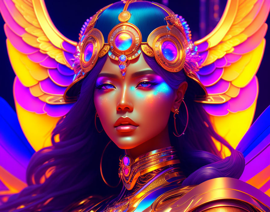 Vibrant digital artwork: Woman with blue skin and golden headgear on neon background