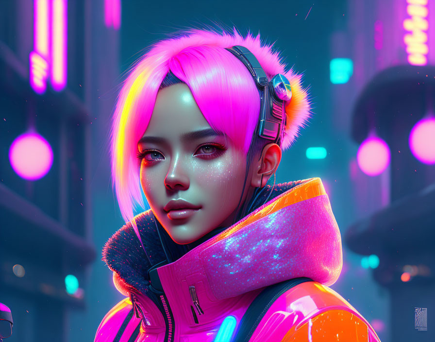 Digital Artwork: Person with Pink Hair and Futuristic Orange Jacket in Neon City