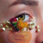 Detailed close-up painting of an eye, eyebrow, and band-aid with flowers.