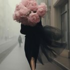 Woman in black dress with pink flowers walking on city street