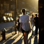 Person walking on sunlit city street with long shadows and blurred figures and cars, creating serene atmosphere.