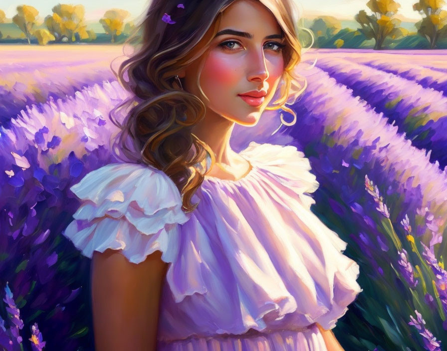 Woman in White Dress Surrounded by Lavender Field in Warm Sunlight