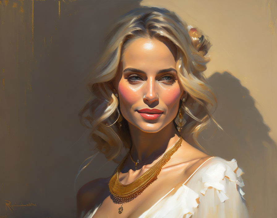 Blonde woman with red lips and golden jewelry in digital portrait