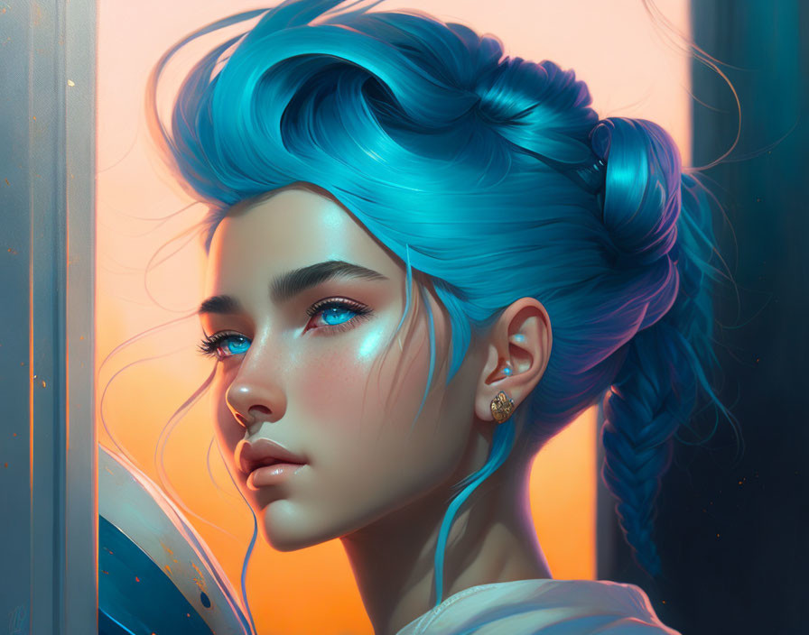 Detailed digital artwork: Woman with blue updo hair, gazing sideways with reflective look