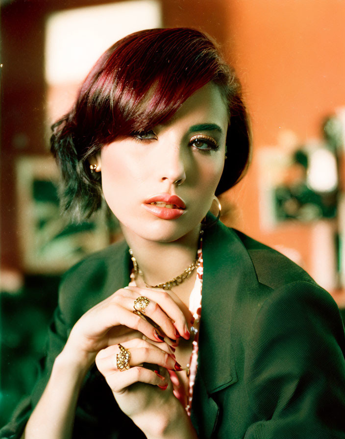 Dark-haired woman in bob haircut, black blazer, red lipstick, and gold rings poses elegantly