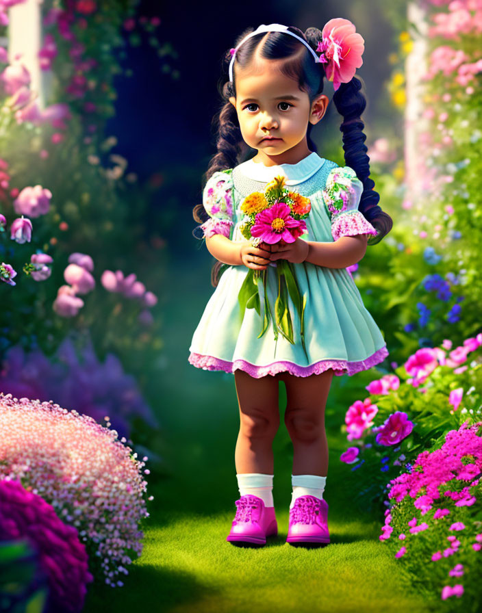 Young girl with pigtails holding flowers in colorful garden setting