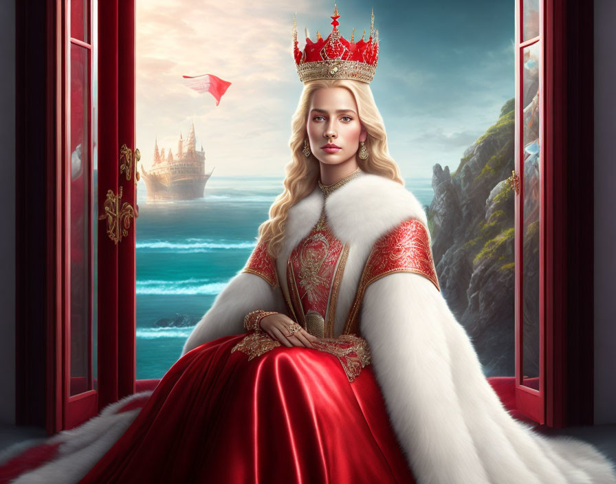 Regal woman in red gown and crown by window overlooking ship at sea.