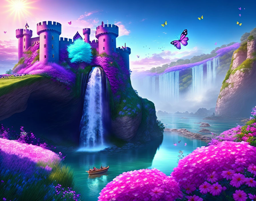 Pink castle on cliff with waterfall and lush flora in fantasy landscape